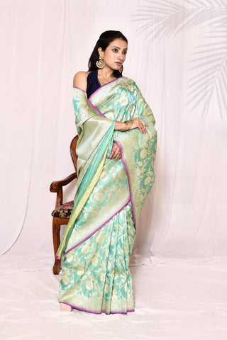 Sea Green Pure Katan Silk Banarasi Handloom Silk Saree