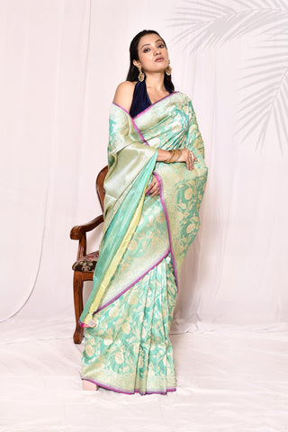 Sea Green Pure Katan Silk Banarasi Handloom Silk Saree