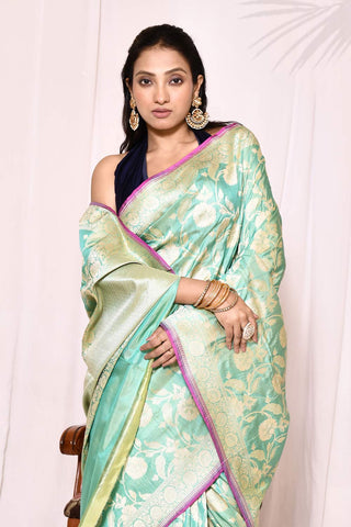 Sea Green Pure Katan Silk Banarasi Handloom Silk Saree