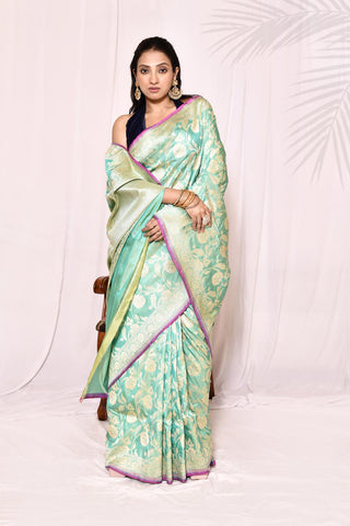 Sea Green Pure Katan Silk Banarasi Handloom Silk Saree