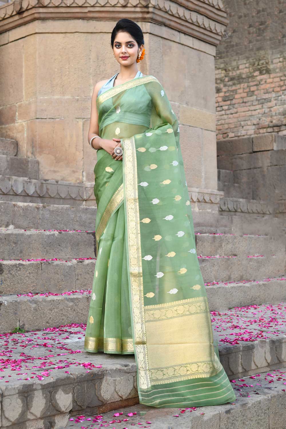 Pista Green Pure Kora Organza Banarasi Handloom Silk Saree