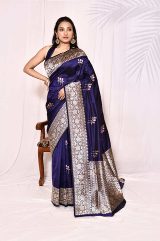 Midnight Blue Pure Katan Silk Banarasi Handloom Silk Saree