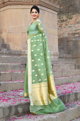 Pista Green Pure Kora Organza Banarasi Handloom Silk Saree With Blouse
