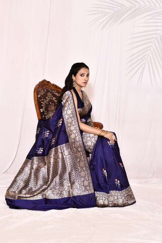 Midnight Blue Pure Katan Silk Banarasi Handloom Silk Saree