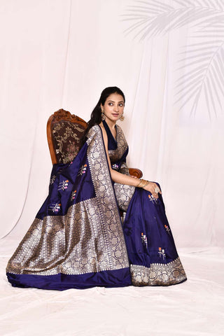 Midnight Blue Pure Katan Silk Banarasi Handloom Silk Saree