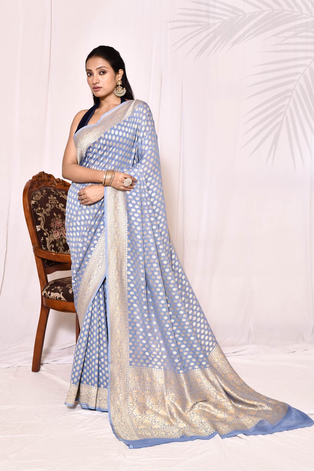 Blue Pure Khaddi Georgette Banarasi Handloom Silk Saree