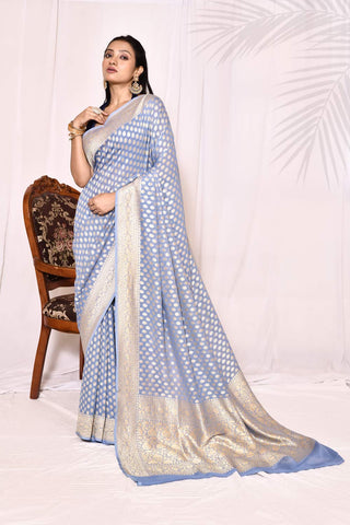 Blue Pure Khaddi Georgette Banarasi Handloom Silk Saree