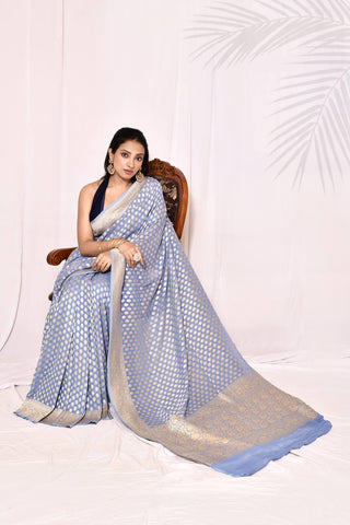 Blue Pure Khaddi Georgette Banarasi Handloom Silk Saree