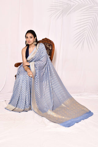 Blue Pure Khaddi Georgette Banarasi Handloom Silk Saree