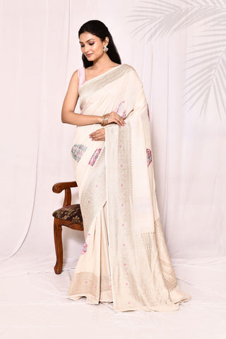 Ivory Pure Tussar Georgette Silk Banarasi Handloom Silk Saree