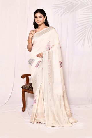 Ivory Pure Tussar Georgette Silk Banarasi Handloom Silk Saree