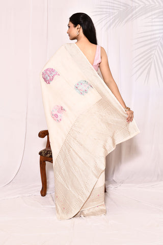 Ivory Pure Tussar Georgette Silk Banarasi Handloom Silk Saree