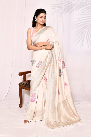 Ivory Pure Tussar Georgette Silk Banarasi Handloom Silk Saree