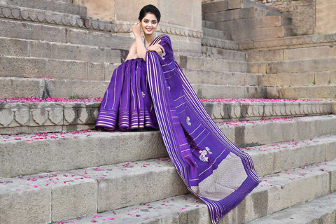 Purple Pure Katan Silk Banarasi Handloom Saree