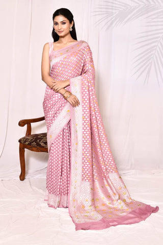 Baby Pink Pure Khaddi Georgette Banarasi Handloom Silk Saree