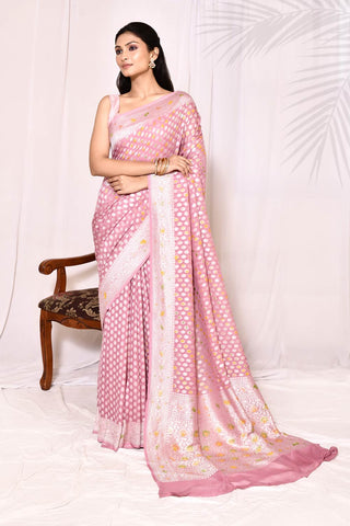 Baby Pink Pure Khaddi Georgette Banarasi Handloom Silk Saree