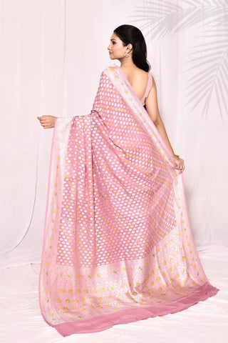 Baby Pink Pure Khaddi Georgette Banarasi Handloom Silk Saree