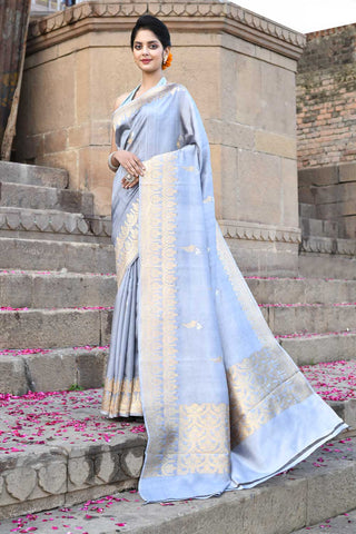 Grey Pure Katan Silk Banarasi Handloom Saree With Kadhua Boota In Rooa and Sona