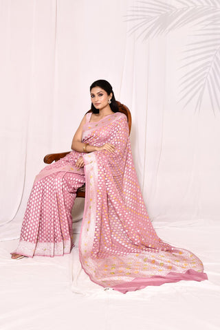 Baby Pink Pure Khaddi Georgette Banarasi Handloom Silk Saree