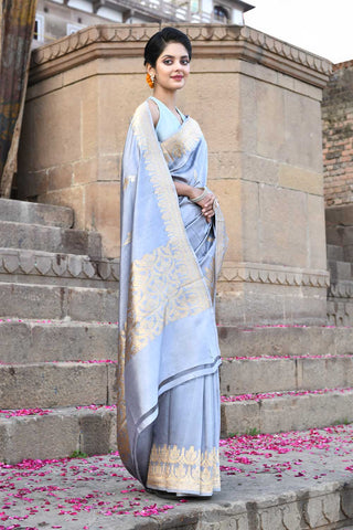 Grey Pure Katan Silk Banarasi Handloom Saree With Kadhua Boota In Rooa and Sona