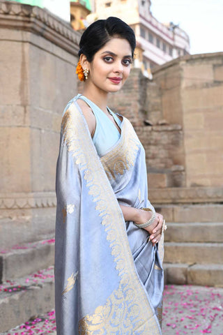 Grey Pure Katan Silk Banarasi Handloom Saree With Kadhua Boota In Rooa and Sona