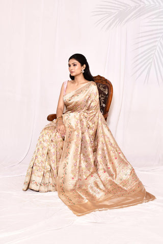 Gold Tussar Pure Katan Silk Banarasi  Handloom Saree