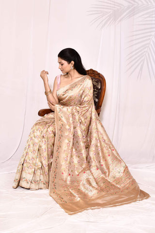 Gold Tussar Pure Katan Silk Banarasi  Handloom Saree