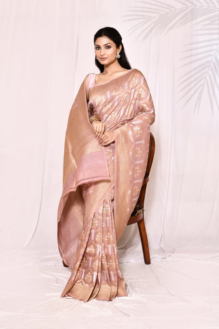 Old Rose Gold Pure Tussar Georgette Silk Banarasi Handloom Silk Saree