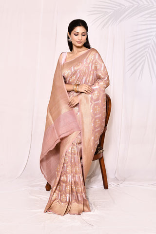 Old Rose Gold Pure Tussar Georgette Silk Banarasi Handloom Silk Saree