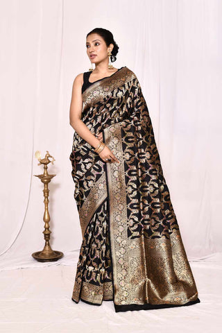 Midnight Black  Pure Katan Silk Banarasi Handloom Silk Saree