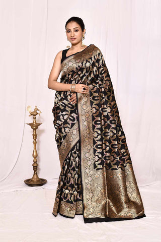 Midnight Black  Pure Katan Silk Banarasi Handloom Silk Saree