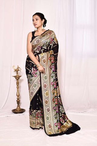 Black Pure Silk Khaddi Georgette Banarasi Handloom Saree