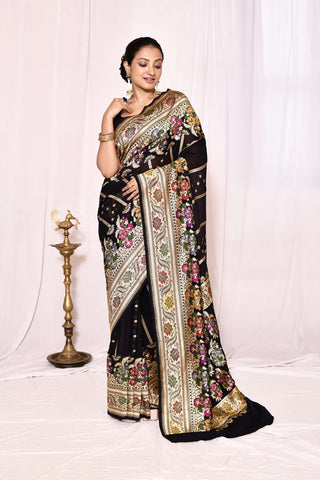 Black Pure Silk Khaddi Georgette Banarasi Handloom Saree