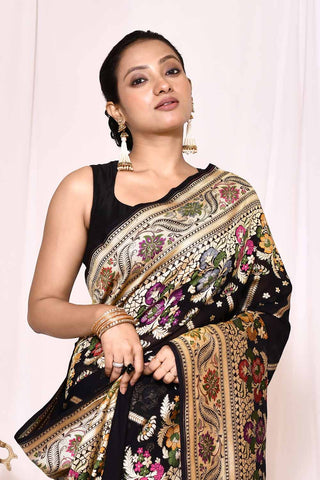 Black Pure Silk Khaddi Georgette Banarasi Handloom Saree