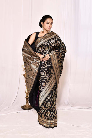 Black Pure Katan Banarasi Handloom Silk Saree