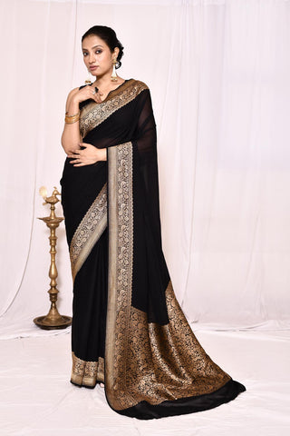 Black Pure Khaddi Silk Georgette Banarasi Handloom Saree