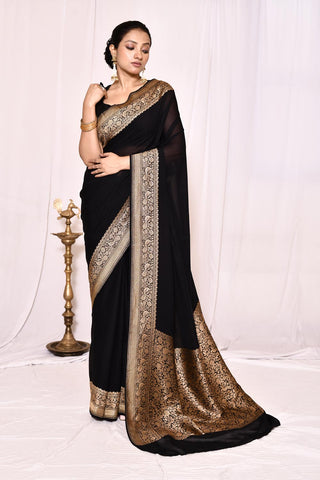 Black Pure Khaddi Silk Georgette Banarasi Handloom Saree