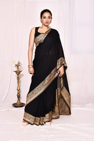 Black Pure Khaddi Silk Georgette Banarasi Handloom Saree