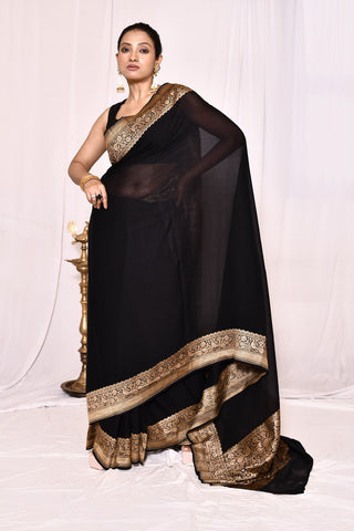 Black Pure Khaddi Silk Georgette Banarasi Handloom Saree