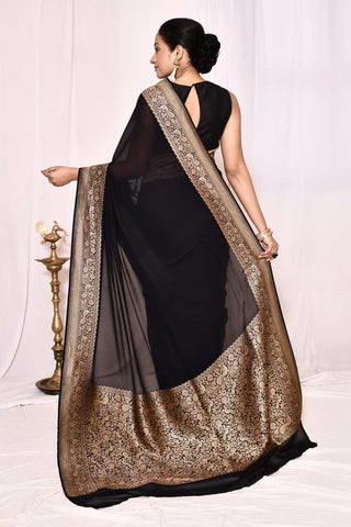 Black Pure Khaddi Silk Georgette Banarasi Handloom Saree