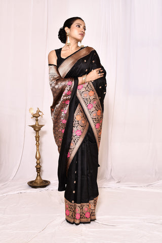 Black Pure Katan Silk Banarasi Handloom Saree