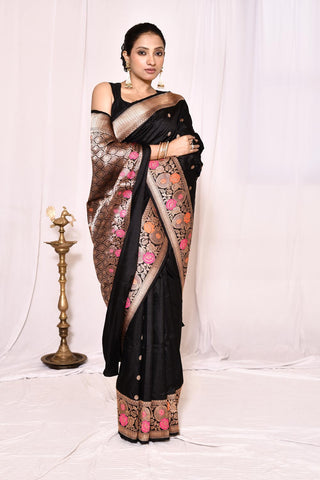 Black Pure Katan Silk Banarasi Handloom Saree