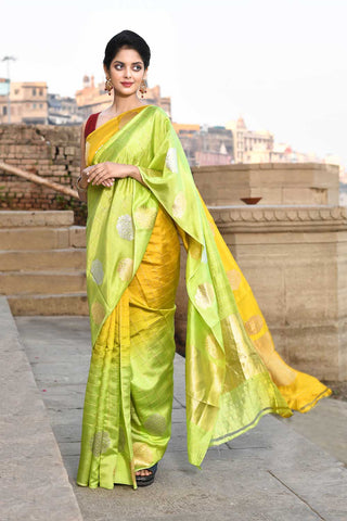 Yellow - Green Ombre Pure Katan Silk Banarasi Handloom Saree