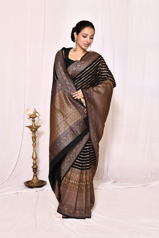 Black Pure Khaddi Georgette Banarasi Handloom Silk Saree