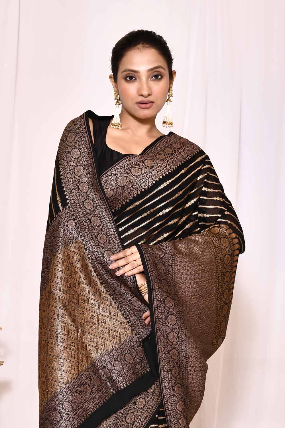 Black Pure Khaddi Georgette Banarasi Handloom Silk Saree