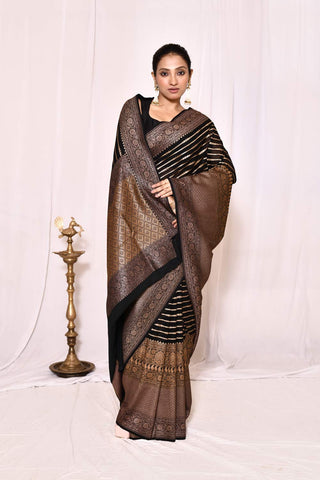 Black Pure Khaddi Georgette Banarasi Handloom Silk Saree