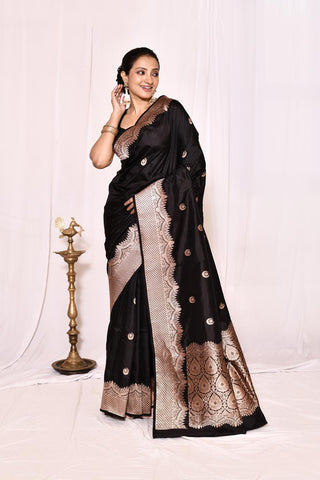 Black Pure Katan Silk Banarasi Handloom Silk Saree