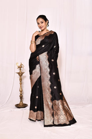 Black Pure Katan Silk Banarasi Handloom Silk Saree