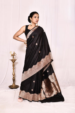 Black Pure Katan Silk Banarasi Handloom Silk Saree