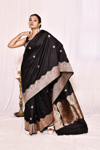 Black Pure Katan Silk Banarasi Handloom Silk Saree